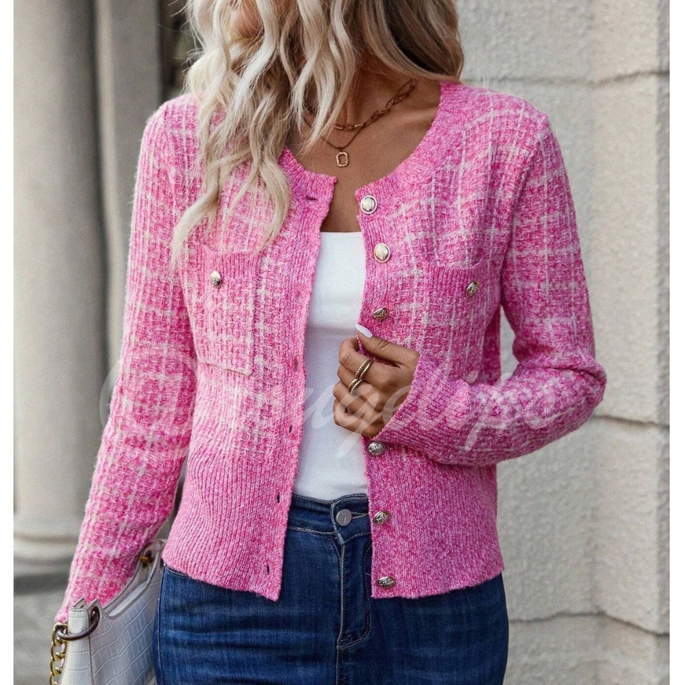 Rouge! Pink Tweed Knit Cardigan with Decorative Buttons